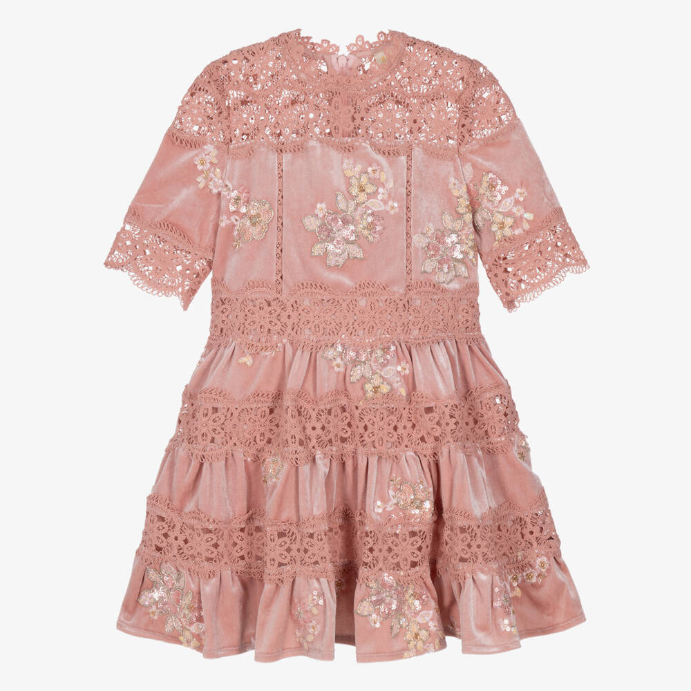 Marlo Kids-Girls Pink Velour & Floral Lace Dress | Childrensalon