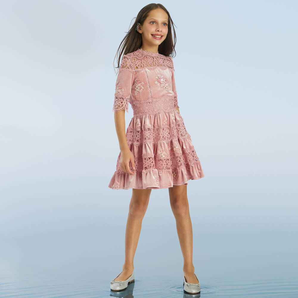 Marlo Kids-Girls Pink Velour & Floral Lace Dress | Childrensalon
