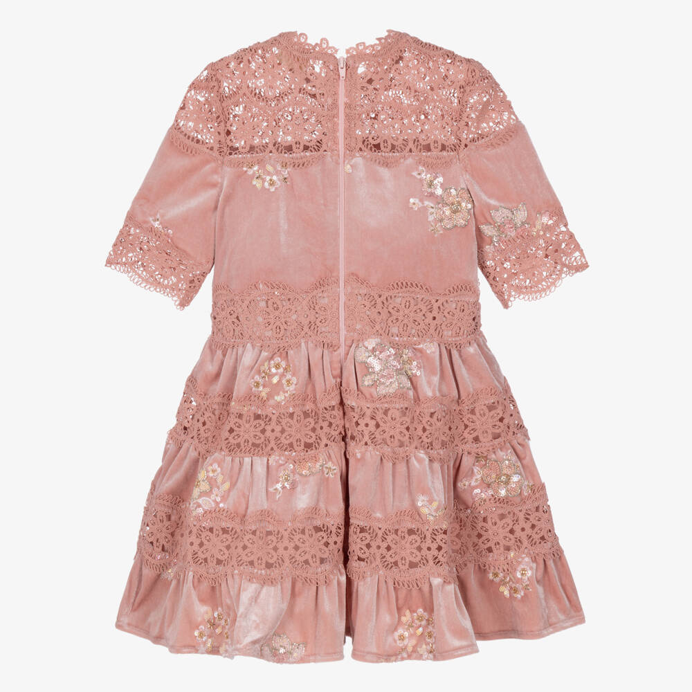 Marlo Kids-Girls Pink Velour & Floral Lace Dress | Childrensalon