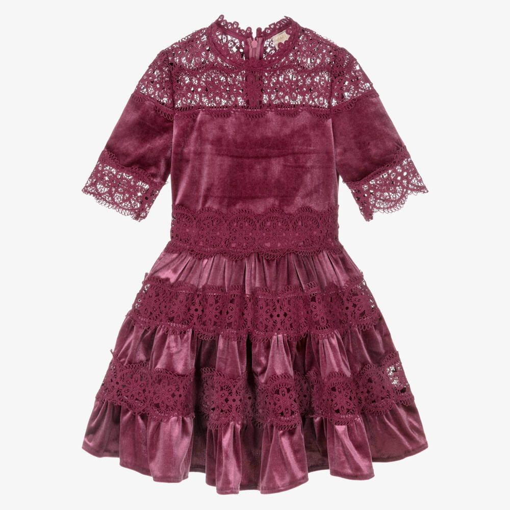 Marlo Kids-Girls Plum Purple Lace & Velour Dress | Childrensalon