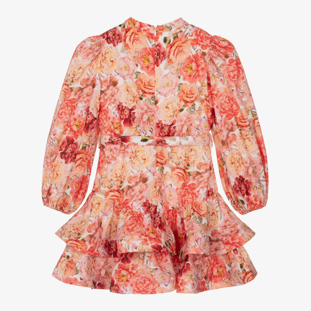 Marlo Kids-Платье с длинными рукавами красное из льна и шелка с цветами для девочек | Childrensalon