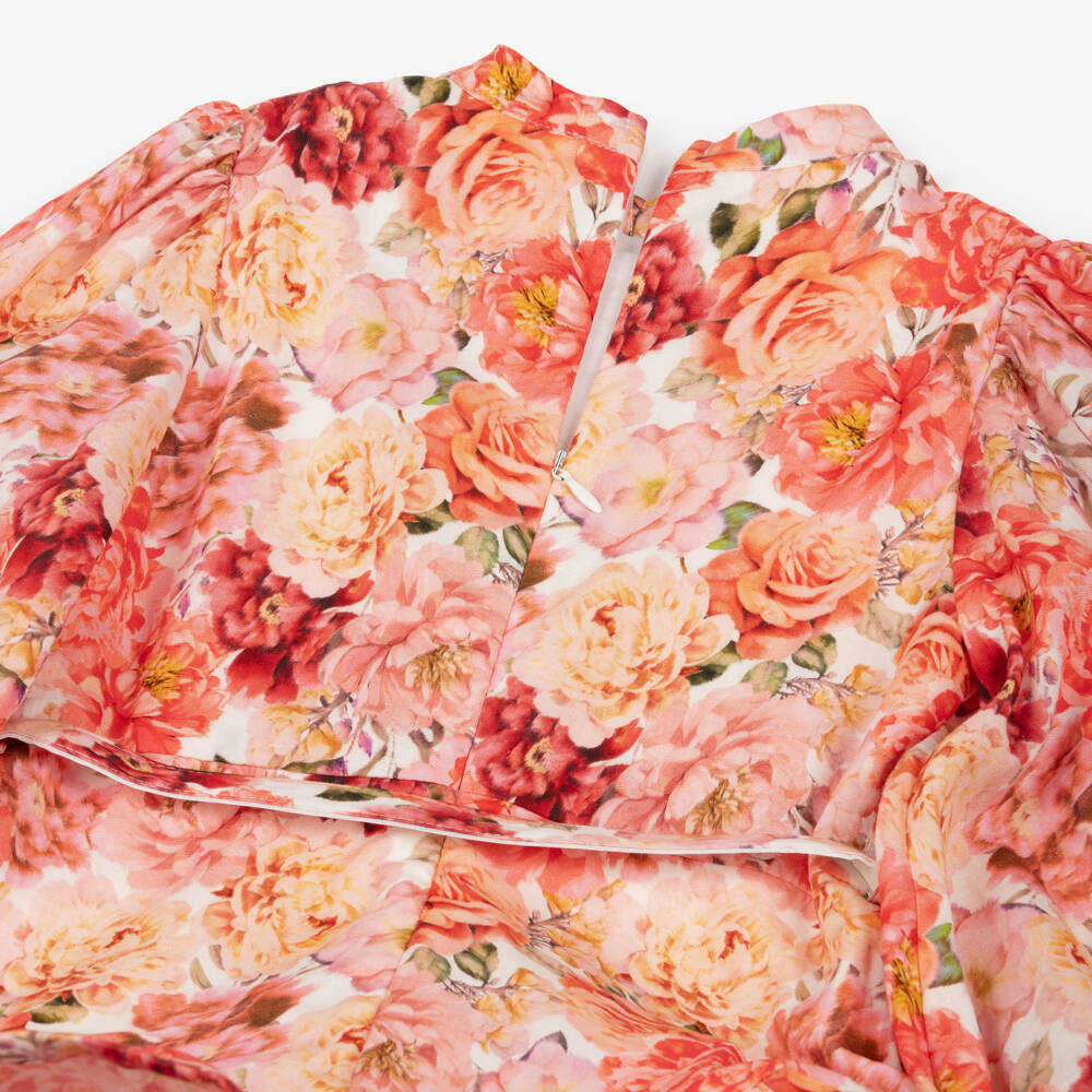 Marlo Kids-Платье с длинными рукавами красное из льна и шелка с цветами для девочек | Childrensalon