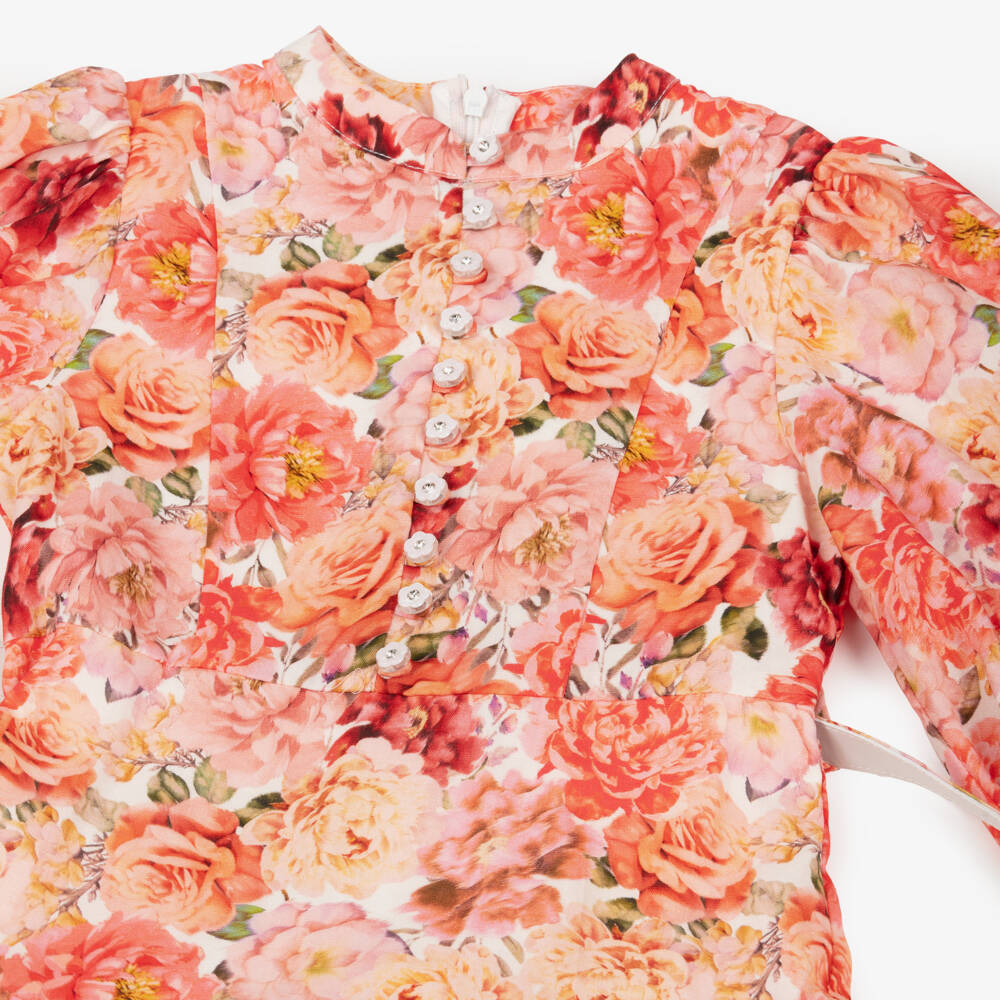 Marlo Kids-Платье с длинными рукавами красное из льна и шелка с цветами для девочек | Childrensalon