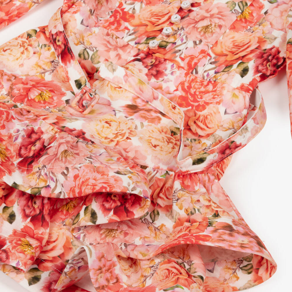 Marlo Kids-Платье с длинными рукавами красное из льна и шелка с цветами для девочек | Childrensalon