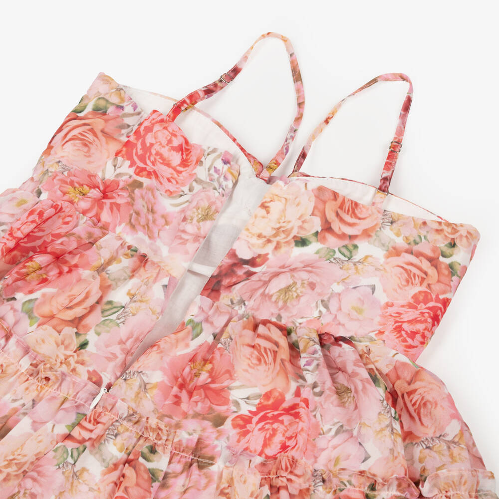 Marlo Kids-Платье макси красно-розовое из шелкового шифона с цветами для девочек | Childrensalon