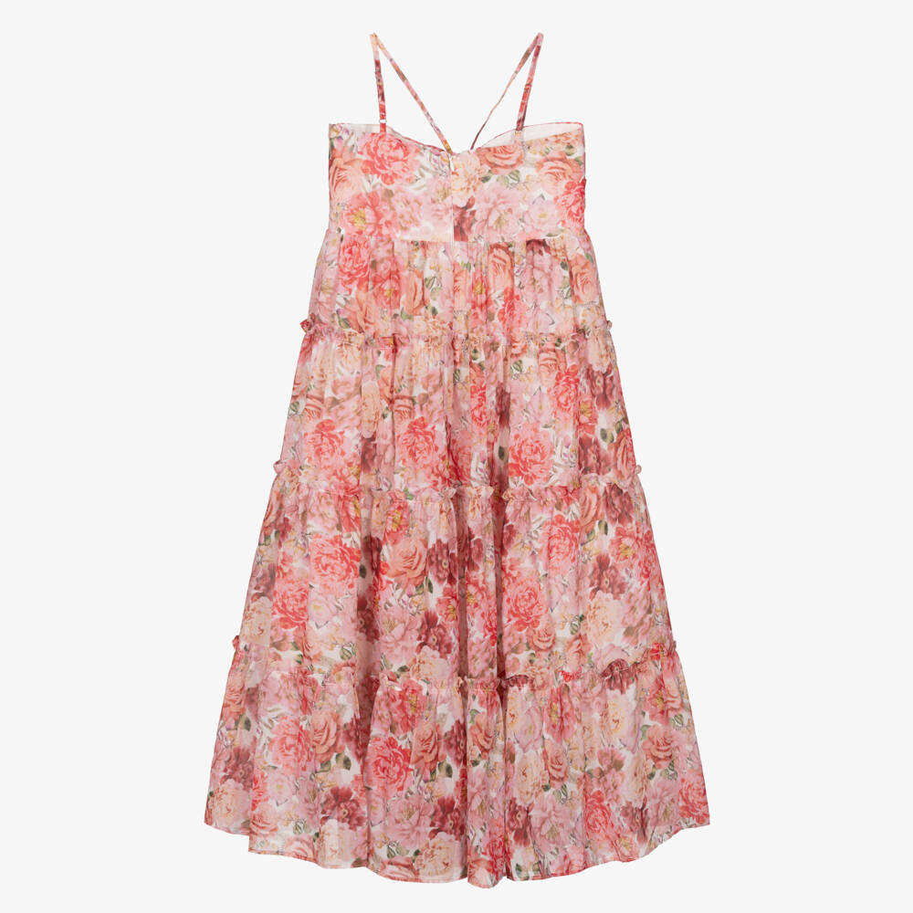 Marlo Kids-Платье макси красно-розовое из шелкового шифона с цветами для девочек | Childrensalon