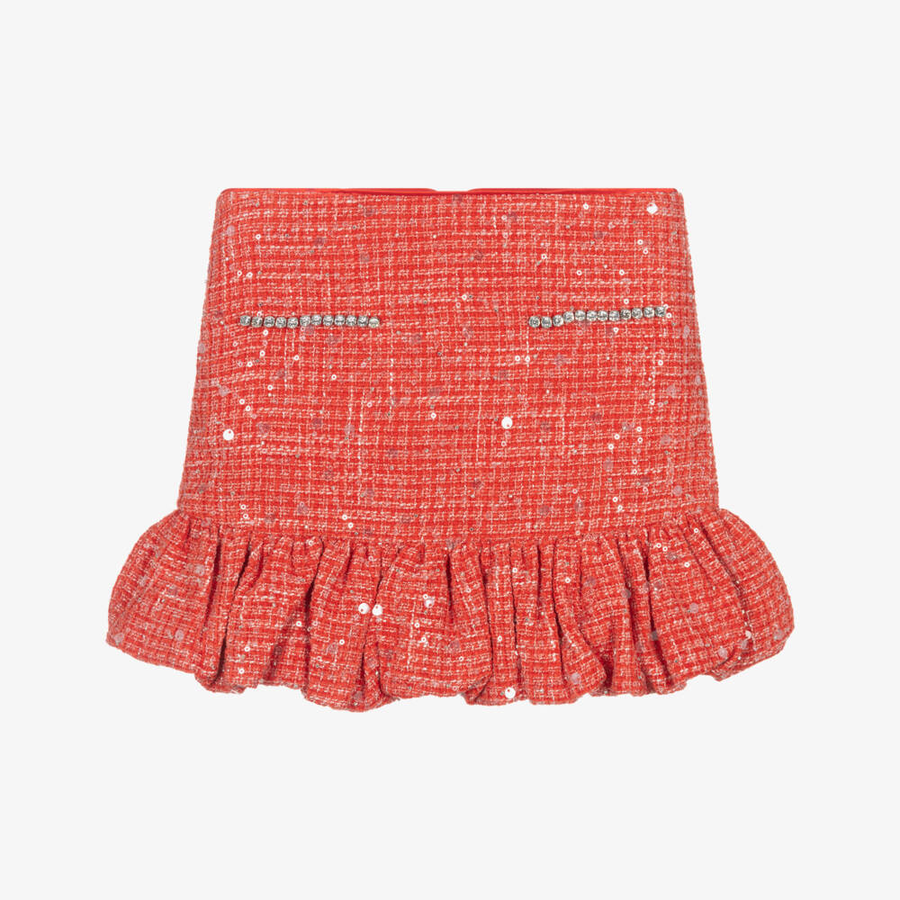 Marlo Kids-Girls Red Sequinned Tweed Skirt with Bubble Hem | Childrensalon