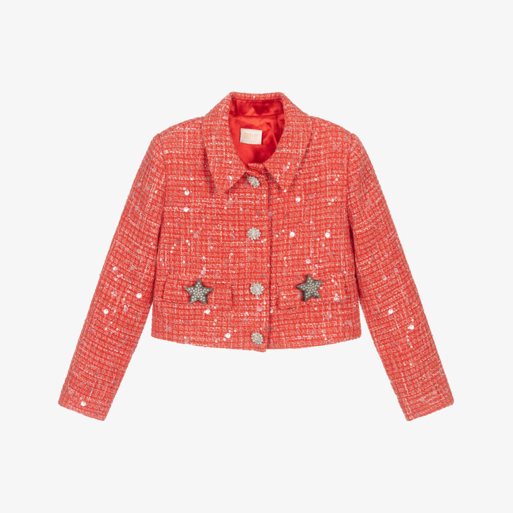 Marlo Kids-Girls Red Tweed Jacket with Sequins & Diamantés | Childrensalon