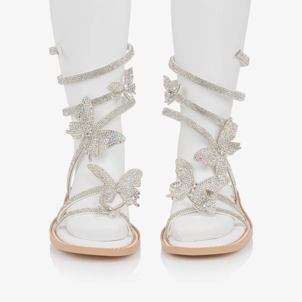 Marlo Kids-Girls Silver Diamanté Embellished Ankle Wrap Sandals | Childrensalon