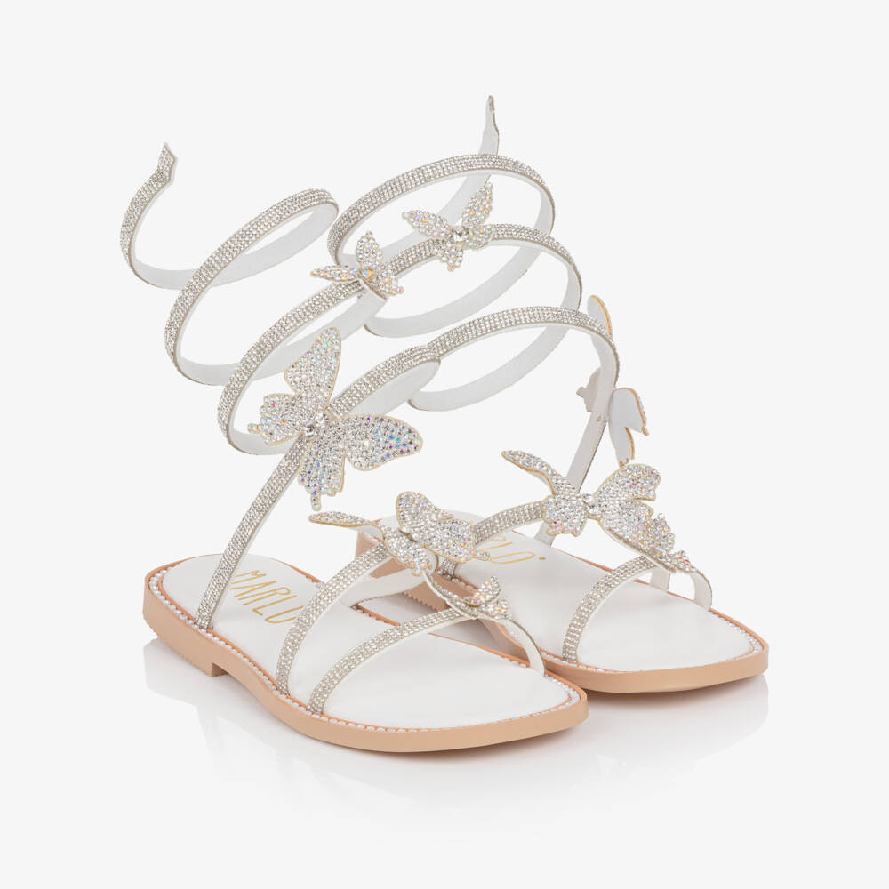 Marlo Kids-Girls Silver Diamanté Embellished Ankle Wrap Sandals | Childrensalon