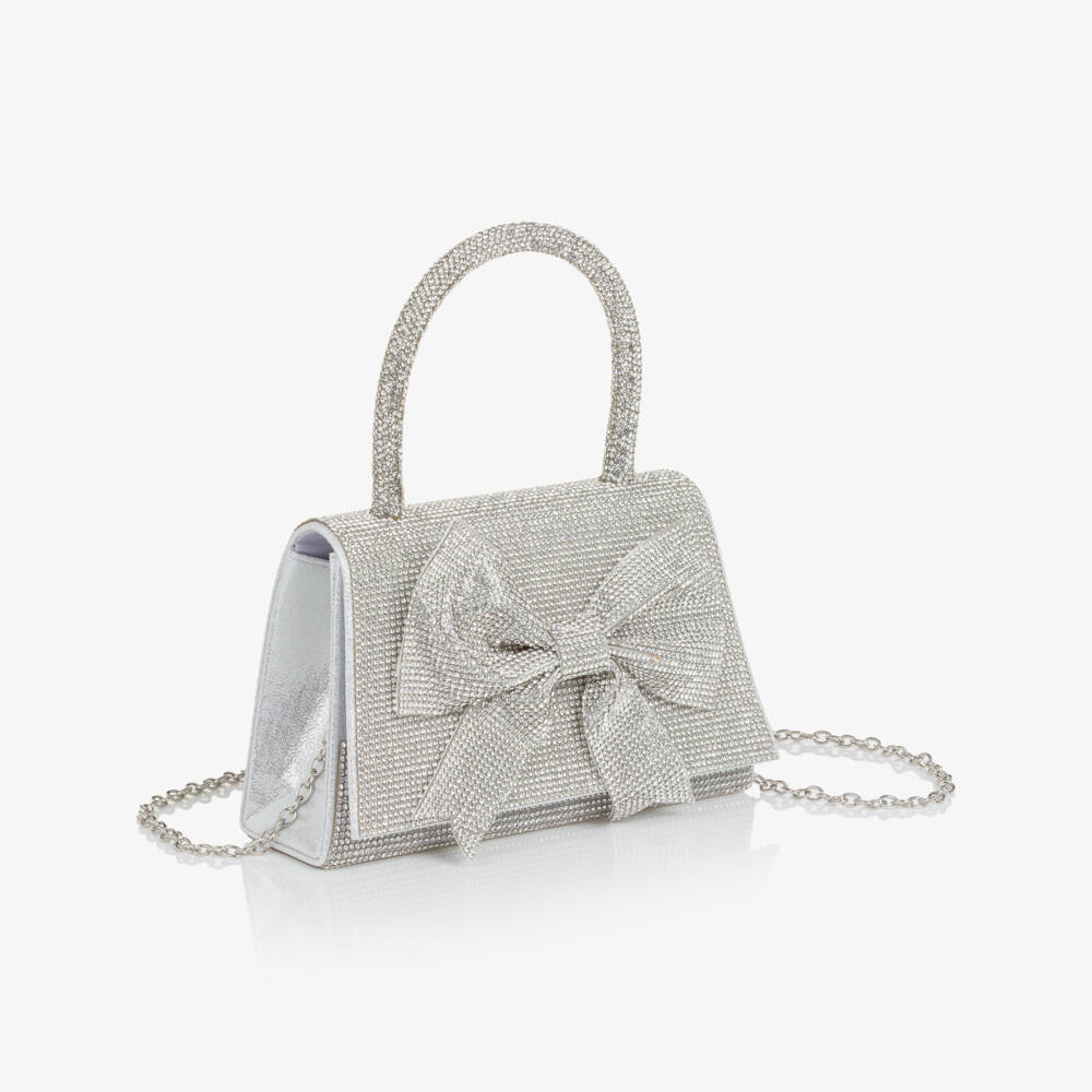 Marlo Kids-Girls Silver Diamanté Embellished Bag with Bow (17cm) | Childrensalon
