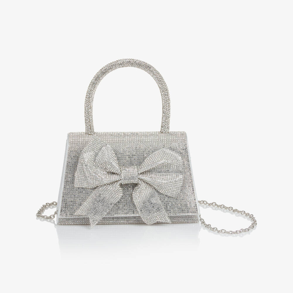 Marlo Kids-Girls Silver Diamanté Embellished Bag with Bow (17cm) | Childrensalon
