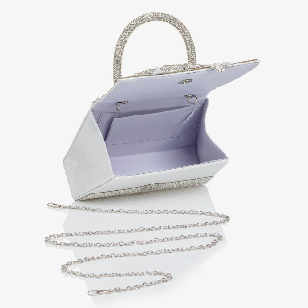 Marlo Kids-Girls Silver Diamanté Embellished Bag with Bow (17cm) | Childrensalon