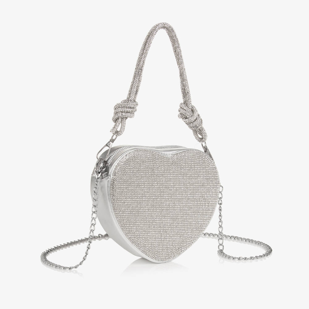 Marlo Kids-Girls Silver Diamanté Embellished Heart Shaped Bag (16cm) | Childrensalon
