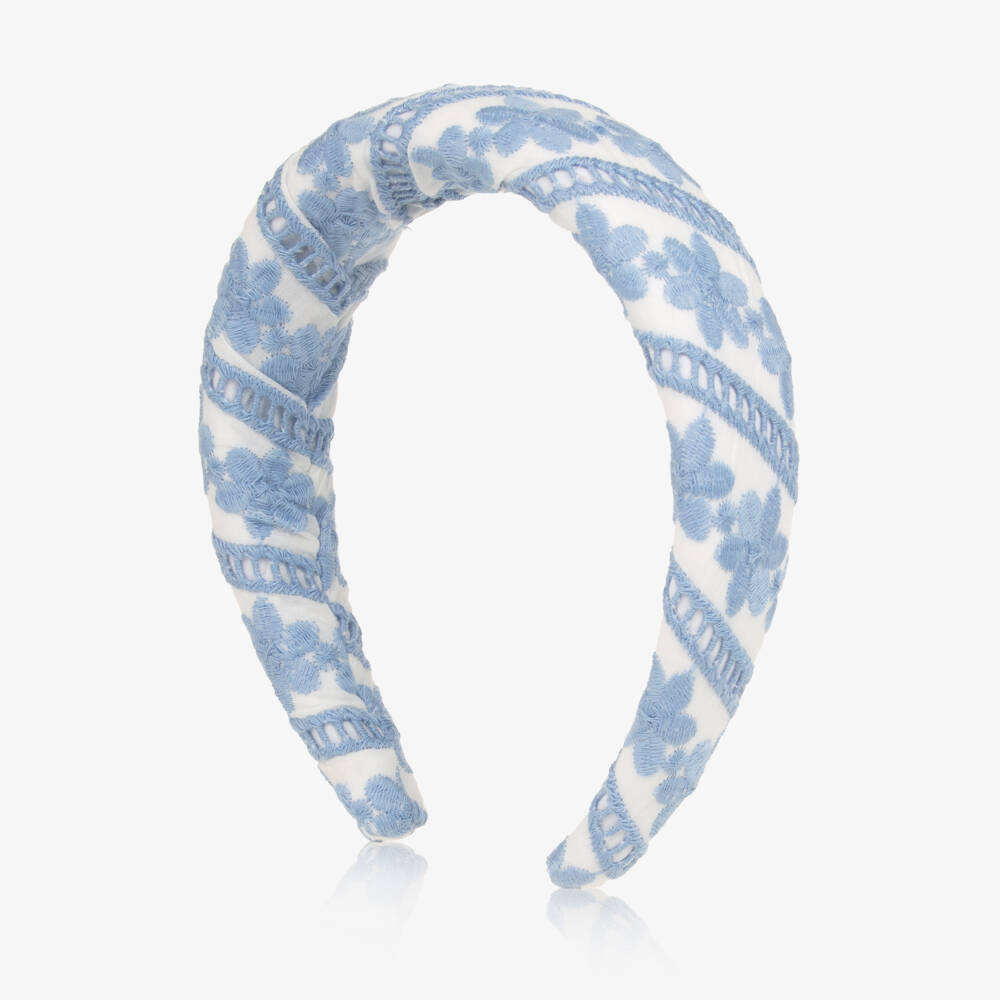 Marlo Kids-Girls White & Blue Floral Embroidered Hairband | Childrensalon