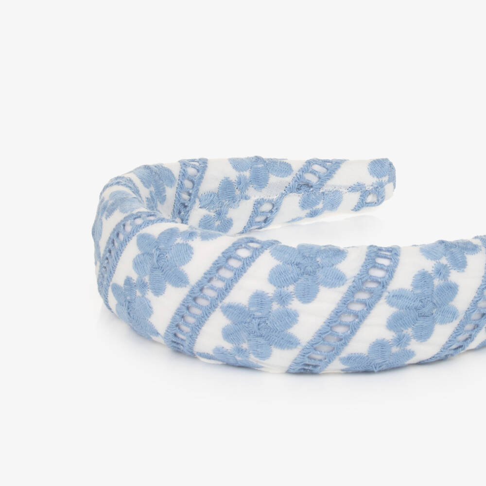 Marlo Kids-Girls White & Blue Floral Embroidered Hairband | Childrensalon
