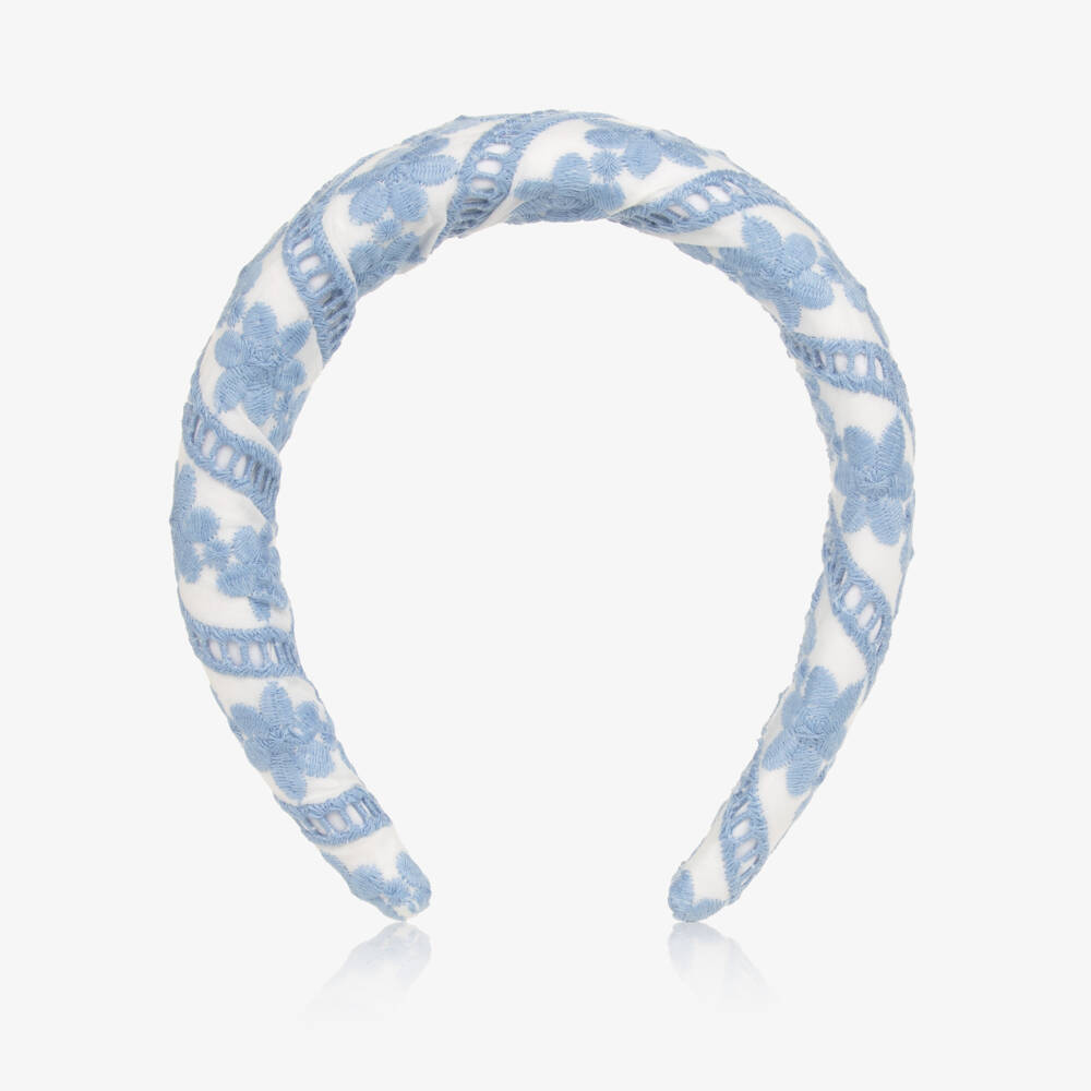 Marlo Kids-Girls White & Blue Floral Embroidered Hairband | Childrensalon