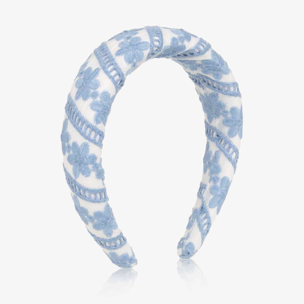 Marlo Kids-Girls White & Blue Floral Embroidered Hairband | Childrensalon