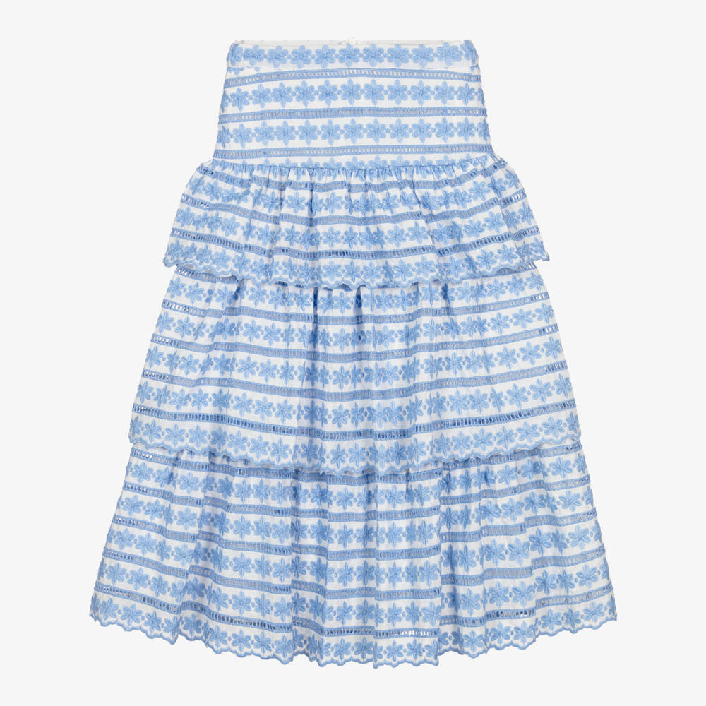 Marlo Kids-Girls White & Blue Floral Embroidered Maxi Skirt | Childrensalon