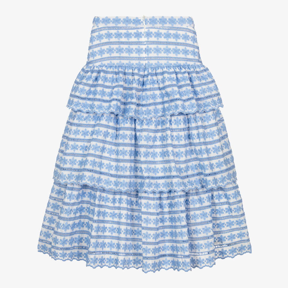 Marlo Kids-Girls White & Blue Floral Embroidered Maxi Skirt | Childrensalon