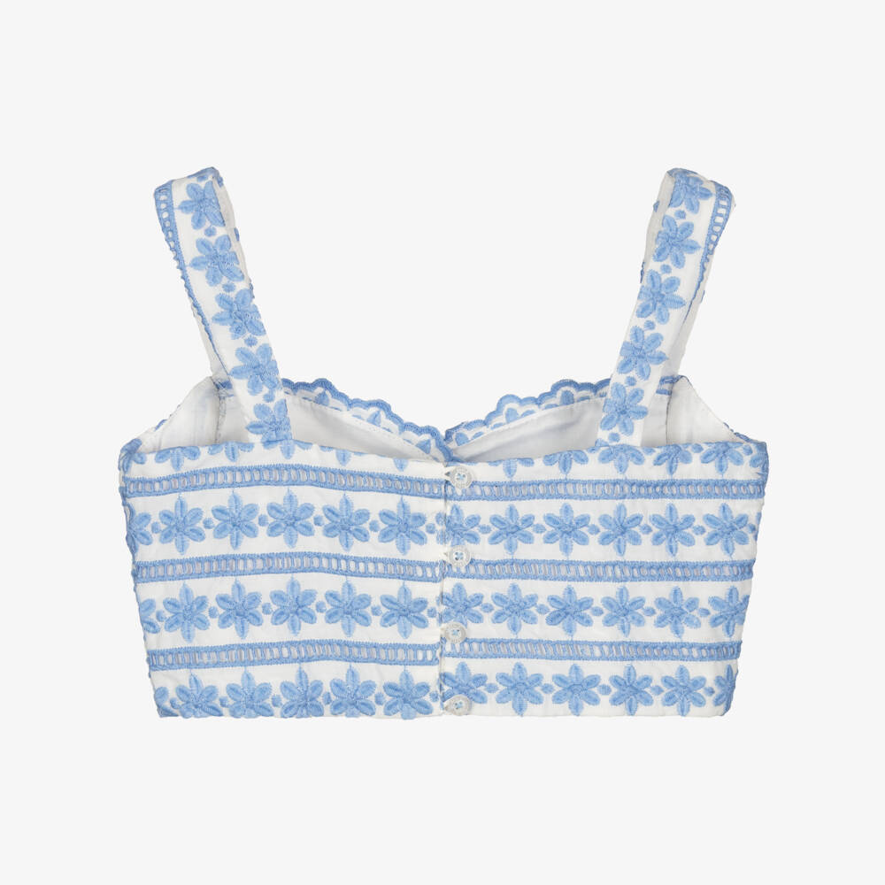 Marlo Kids-Girls White & Blue Floral Embroidered Top | Childrensalon