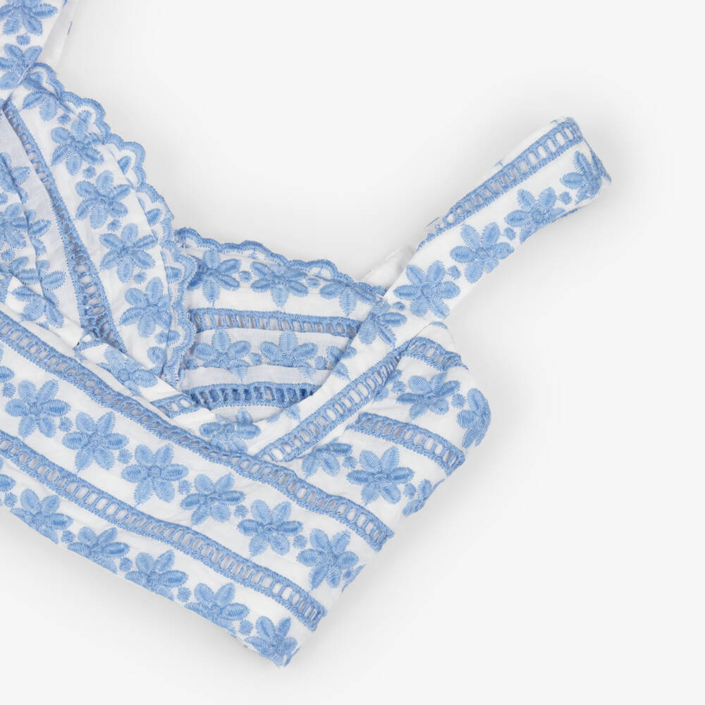 Marlo Kids-Girls White & Blue Floral Embroidered Top | Childrensalon