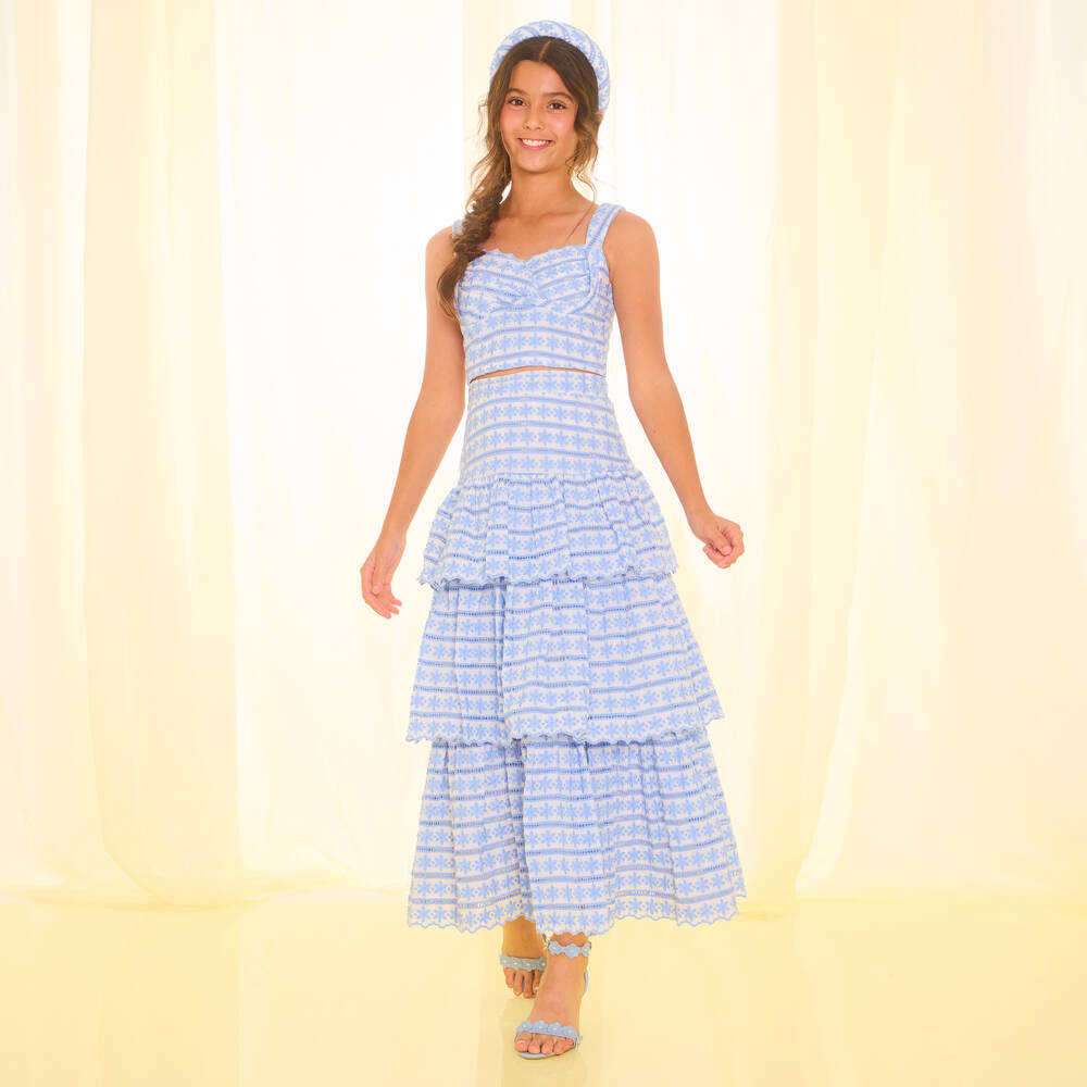 Marlo Kids-توب مطرز بورود لون أبيض وأزرق للبنات | Childrensalon