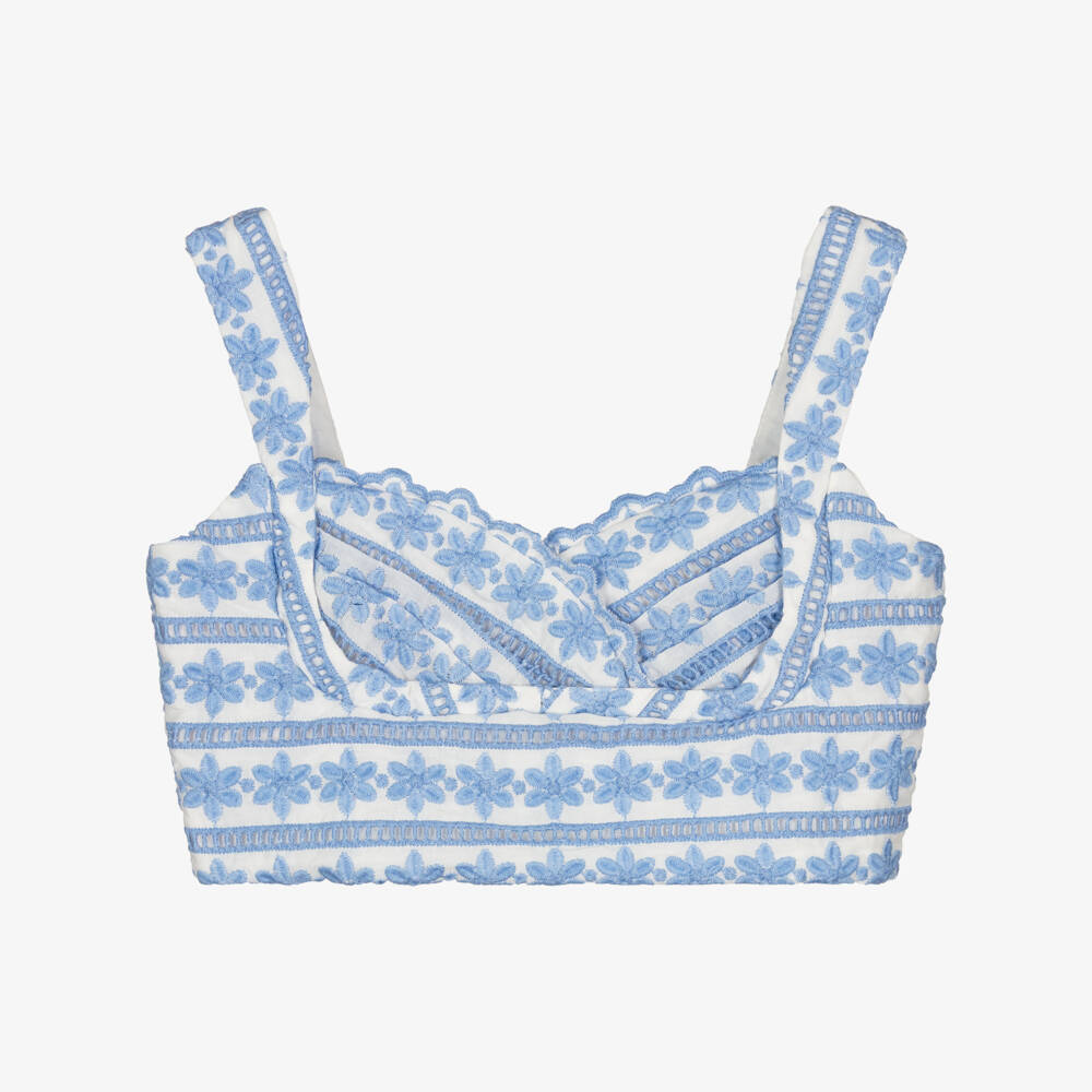 Marlo Kids-Girls White & Blue Floral Embroidered Top | Childrensalon