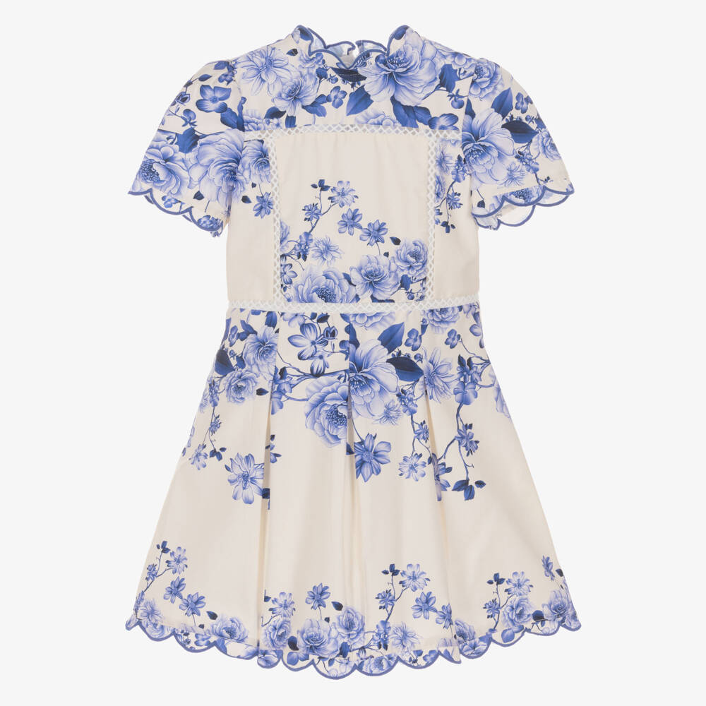 Marlo Kids-Girls White & Blue Floral Print Cotton Dress | Childrensalon