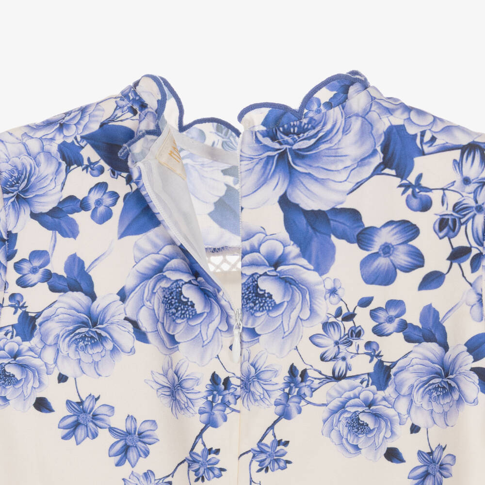 Marlo Kids-Платье хлопковое бело-синее с цветочным принтом для девочек | Childrensalon