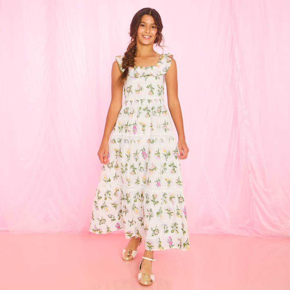 Marlo Kids-فستان ماكسي قطن بتطريز ورود لون أبيض للبنات | Childrensalon