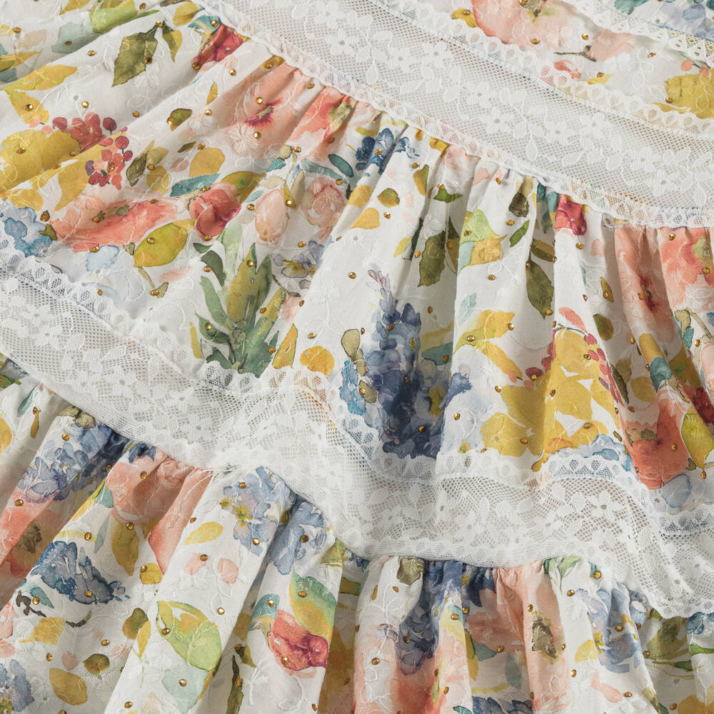 Marlo Kids-Girls White Floral Diamanté & Lace Cotton Dress | Childrensalon