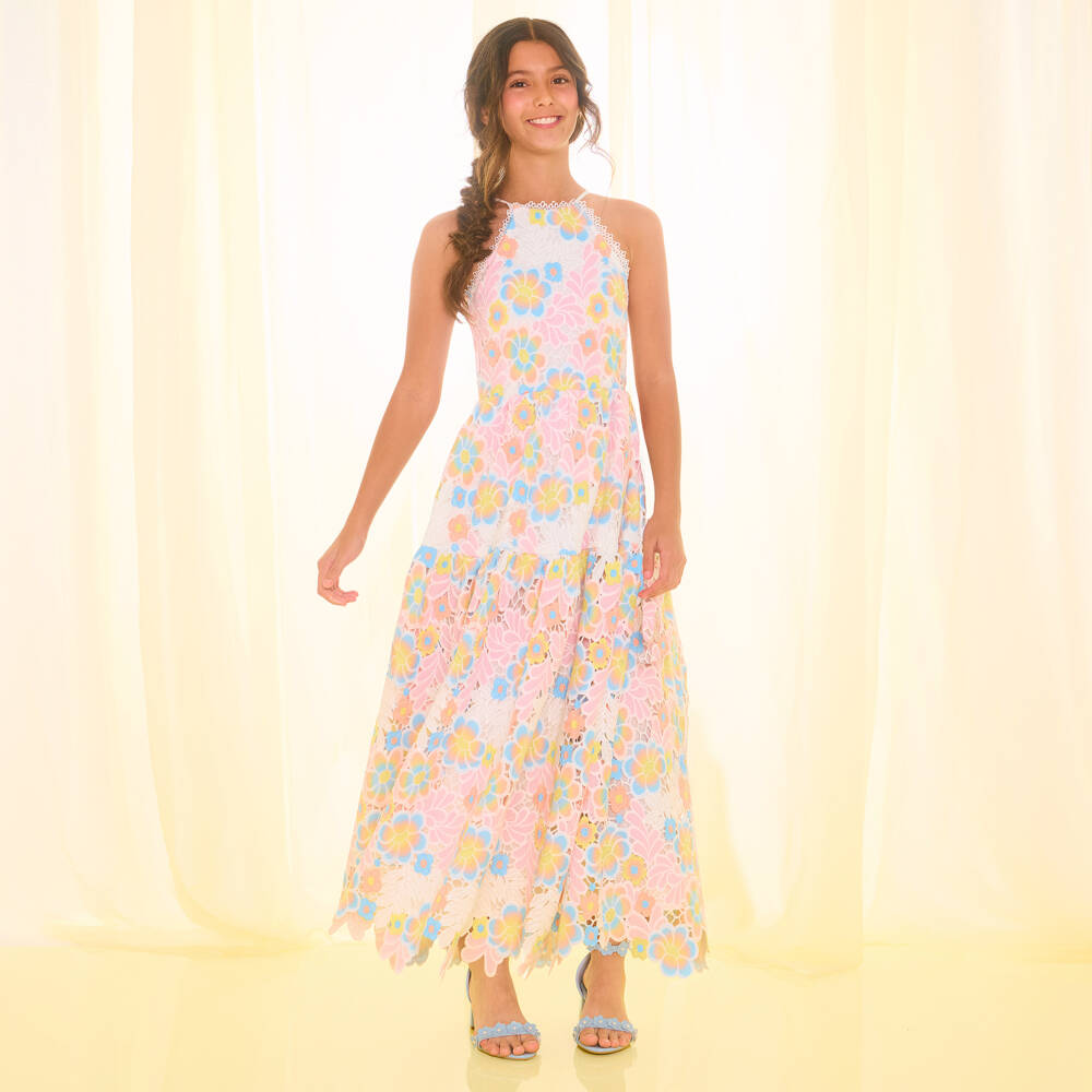 Marlo Kids-Girls White Floral Embroidered Lace Maxi Dress | Childrensalon