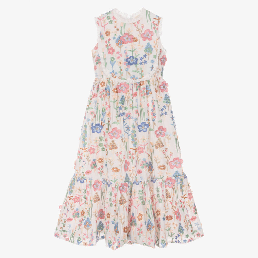 Marlo Kids-Платье макси белое с цветочной вышивкой для девочек | Childrensalon