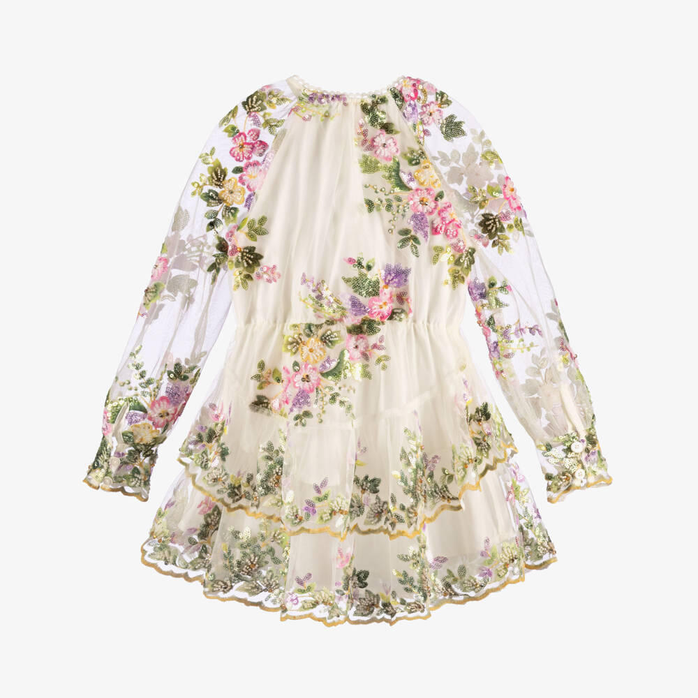 Marlo Kids-Girls White Floral Tulle Dress with Beads & Sequins | Childrensalon