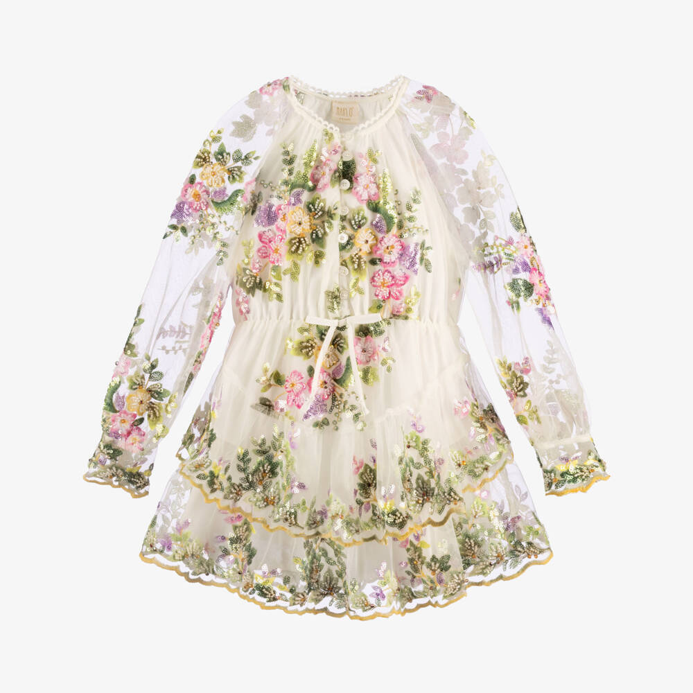Marlo Kids-Girls White Floral Tulle Dress with Beads & Sequins | Childrensalon