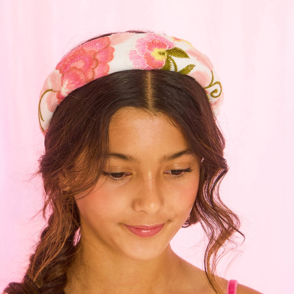 Marlo Kids-طوق شعر أورغانزا مطرز بورود لون أبيض للبنات | Childrensalon