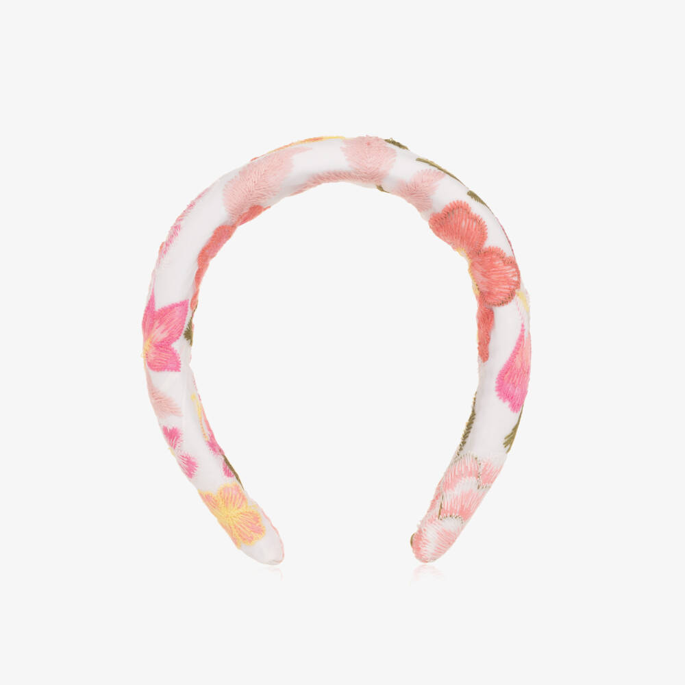Marlo Kids-Girls White Organza Hairband with Embroidered Pink Florals | Childrensalon