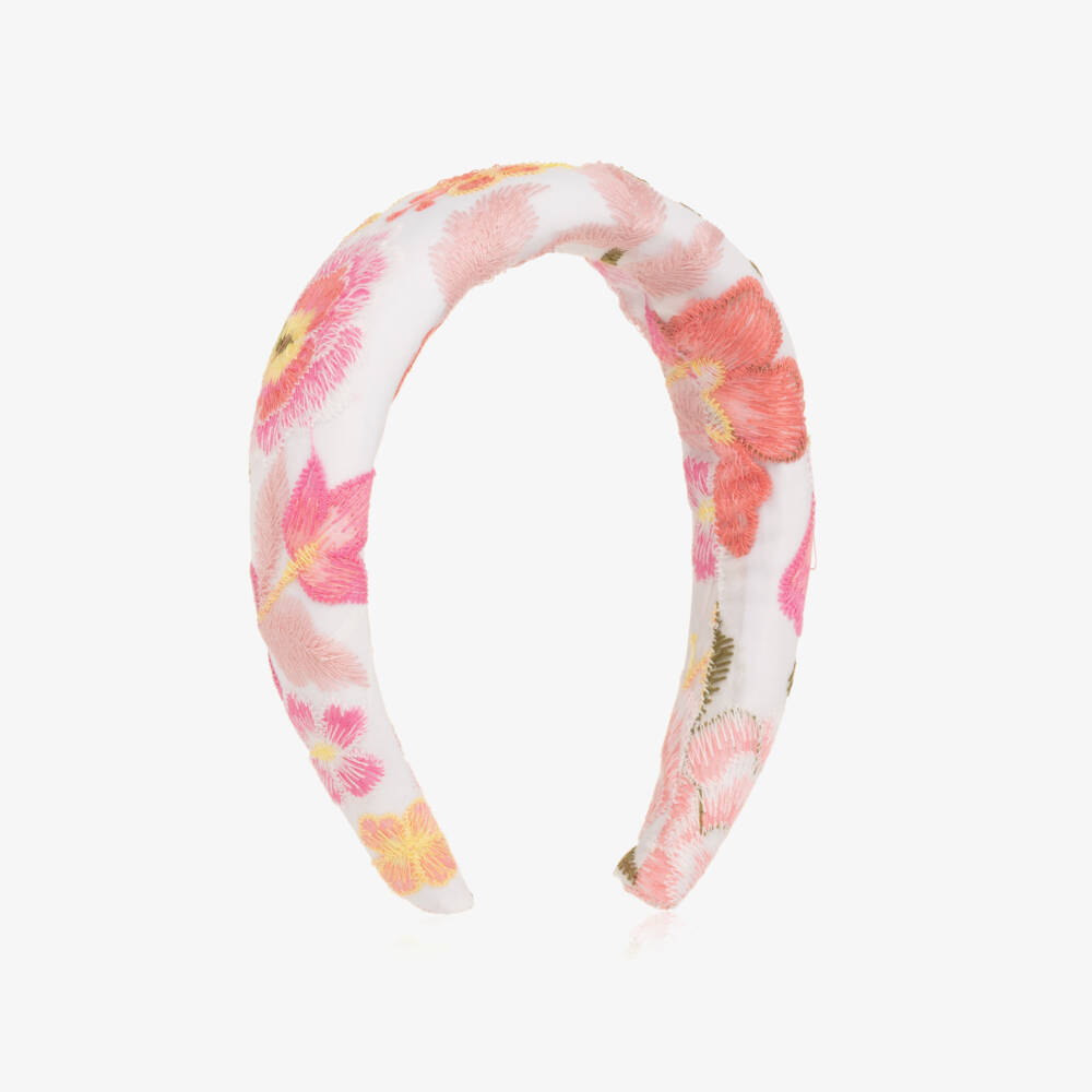 Marlo Kids-Girls White Organza Hairband with Embroidered Pink Florals | Childrensalon