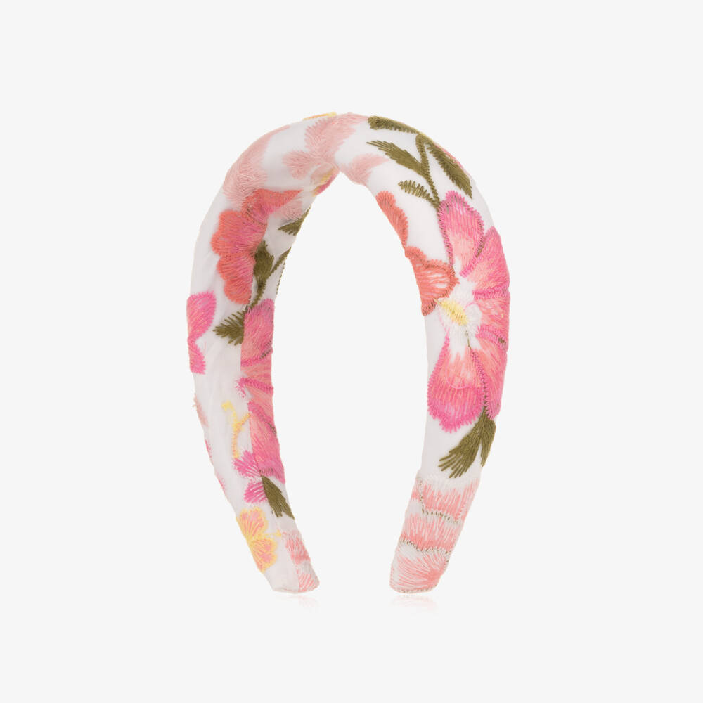 Marlo Kids-Girls White Organza Hairband with Embroidered Pink Florals | Childrensalon