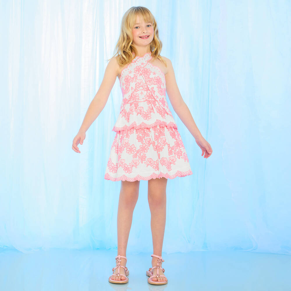 Marlo Kids-Платье бело-розовое с цветочной вышивкой для девочек | Childrensalon