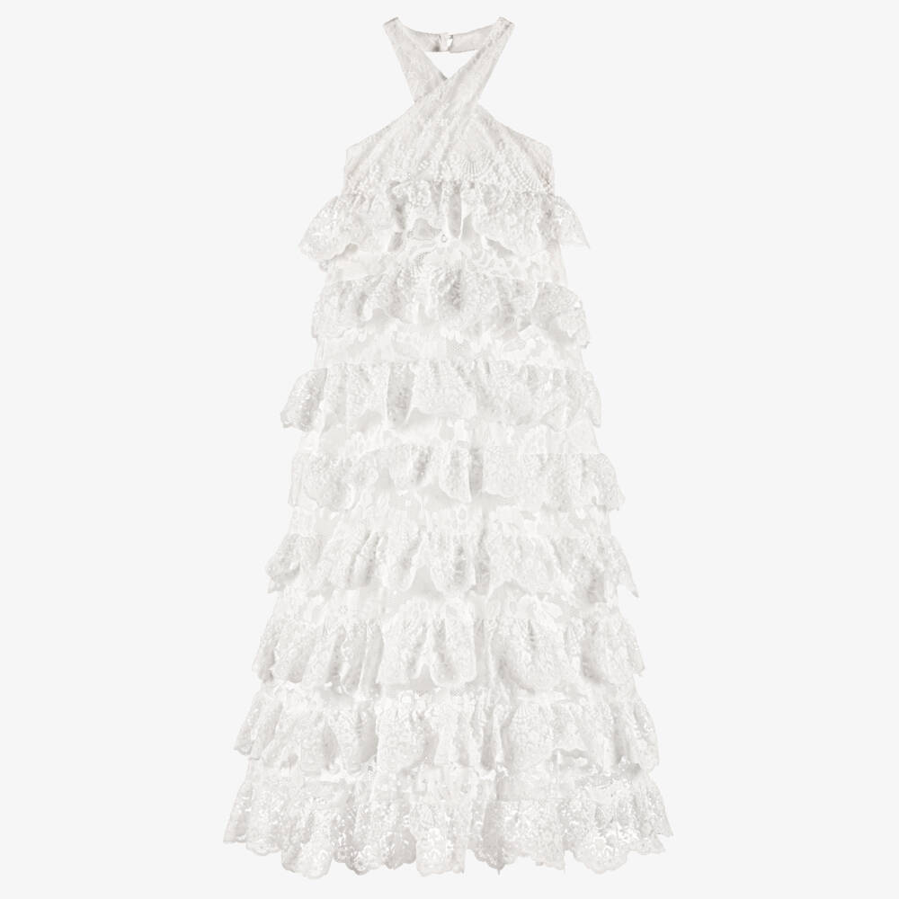 Marlo Kids-Girls White Tiered Lace Maxi Halter Dress | Childrensalon