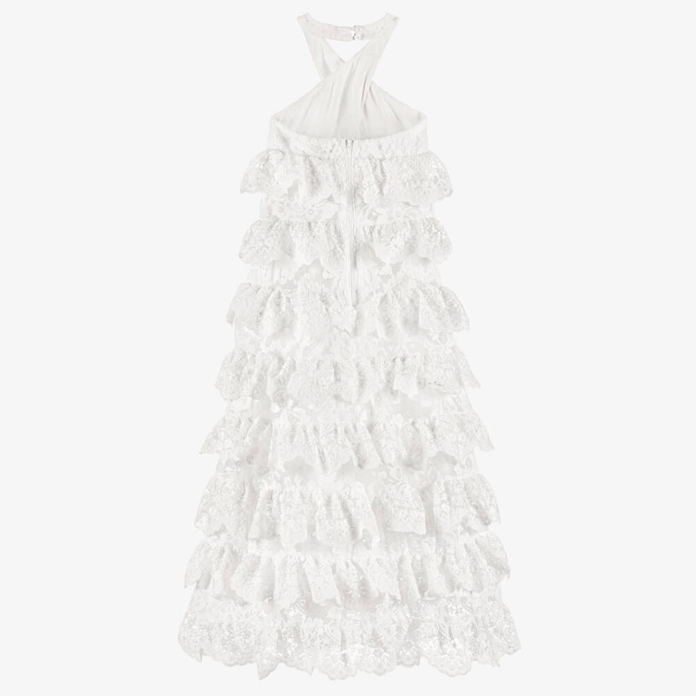 Marlo Kids-فستان ماكسي بطبقات دانتيل وكشكش لون أبيض للبنات | Childrensalon