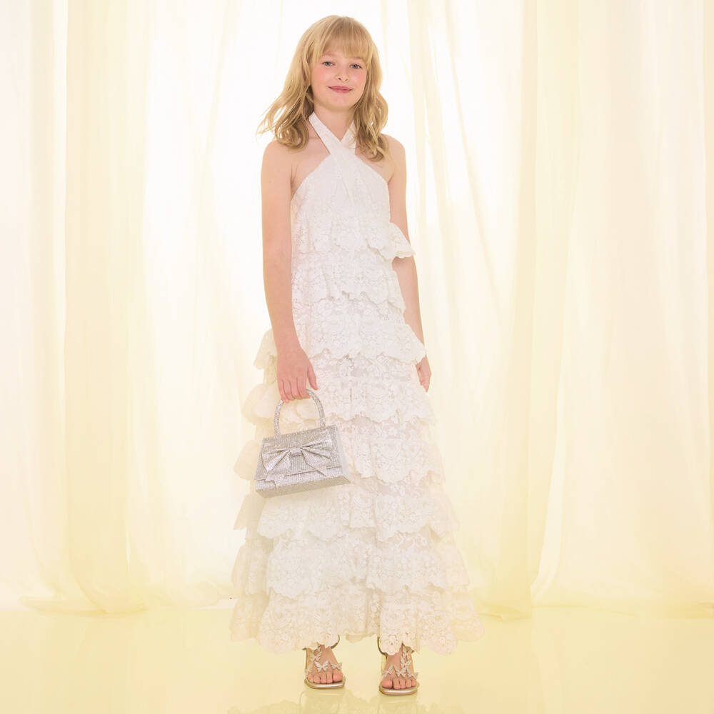 Marlo Kids-فستان ماكسي بطبقات دانتيل وكشكش لون أبيض للبنات | Childrensalon