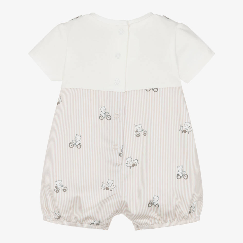 Mayoral Newborn-Baby Boys Beige Stripe Cotton Shortie with Bear Print | Childrensalon