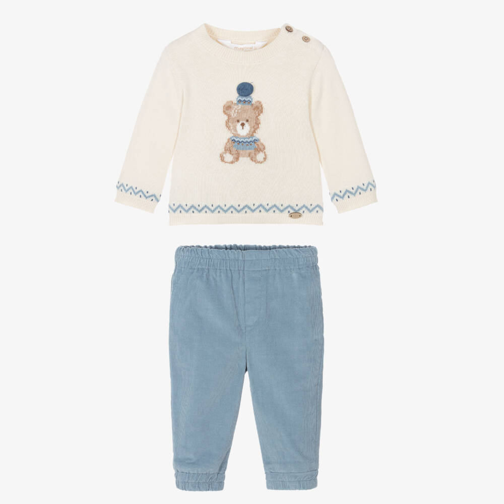 Mayoral Newborn-Baby Boys Beige & Blue Corduroy Trouser Set | Childrensalon