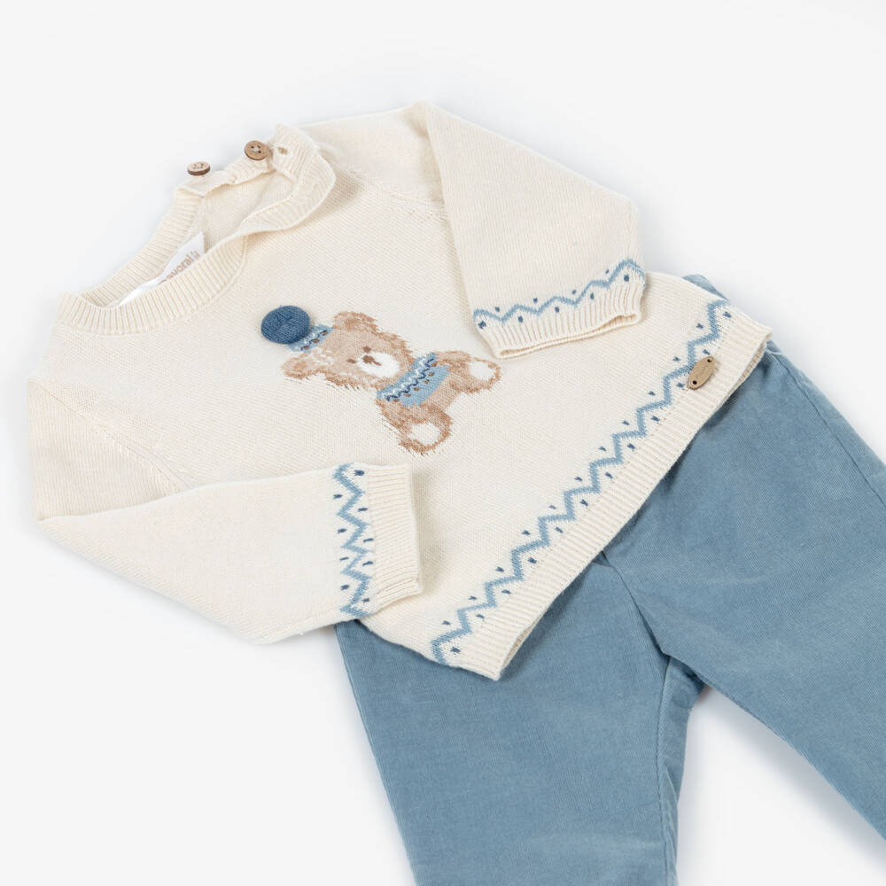 Mayoral Newborn-Baby Boys Beige & Blue Corduroy Trouser Set | Childrensalon