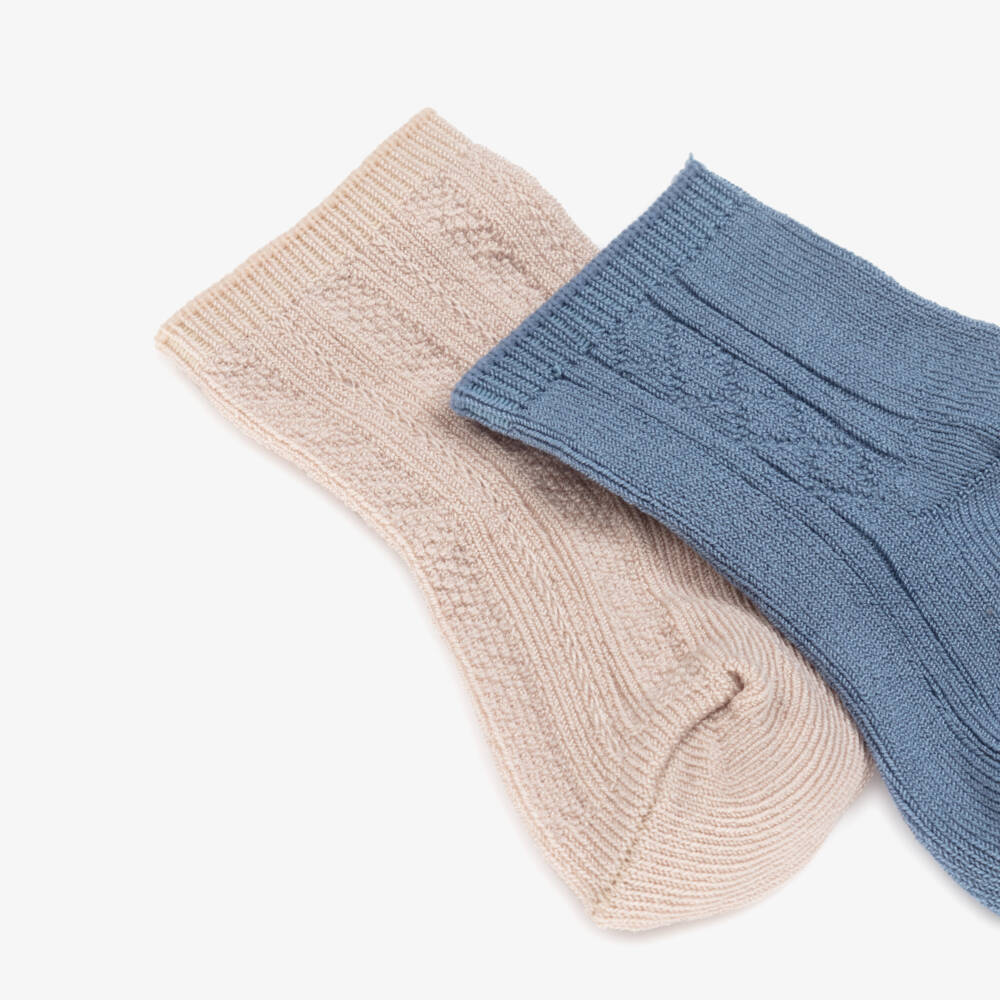 Mayoral Newborn-Baby Boys Beige & Blue Cotton Socks (2 Pack) | Childrensalon
