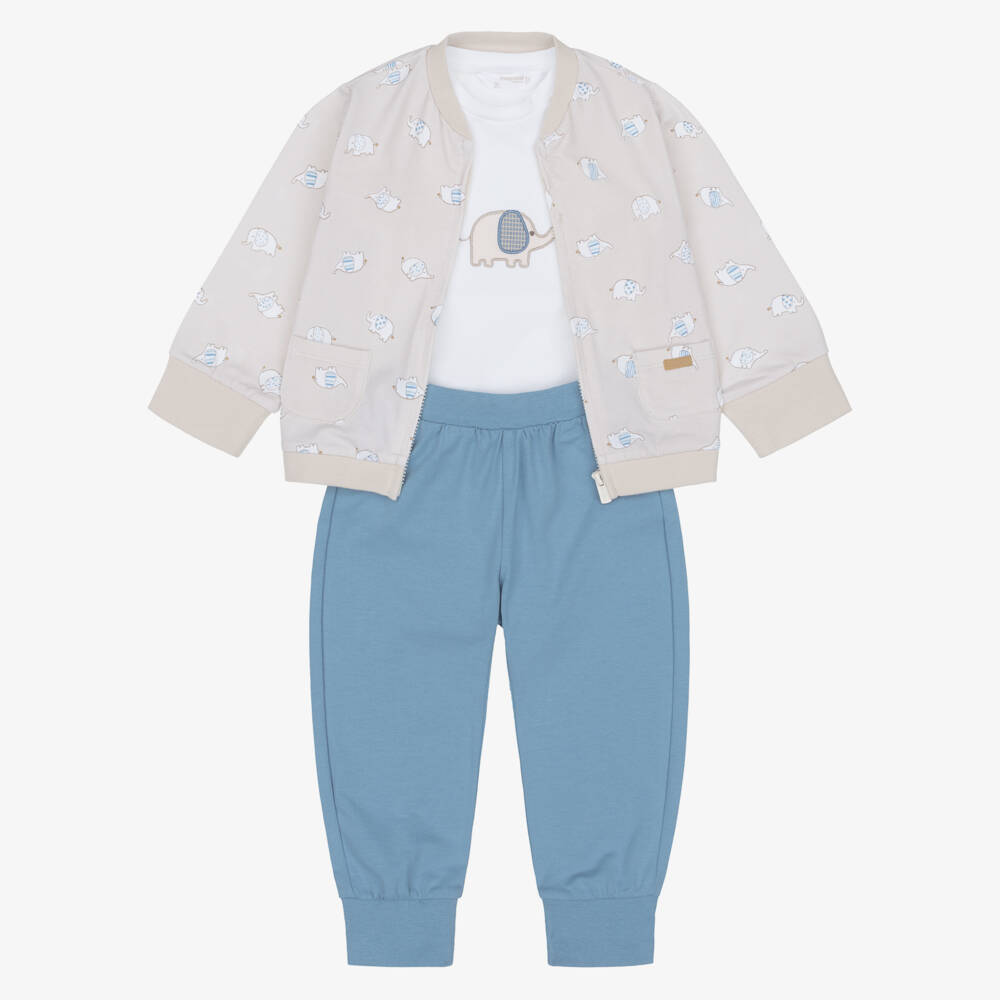 Mayoral Для новорожденных-Baby Boys Beige & Blue Elephant Print Tracksuit Set | Childrensalon