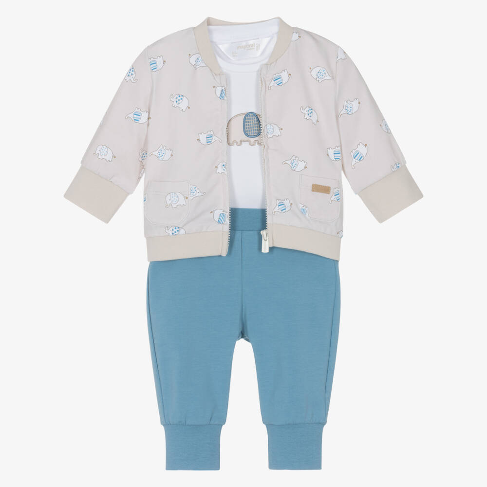 Mayoral Newborn-Baby Boys Beige & Blue Elephant Print Tracksuit Set | Childrensalon